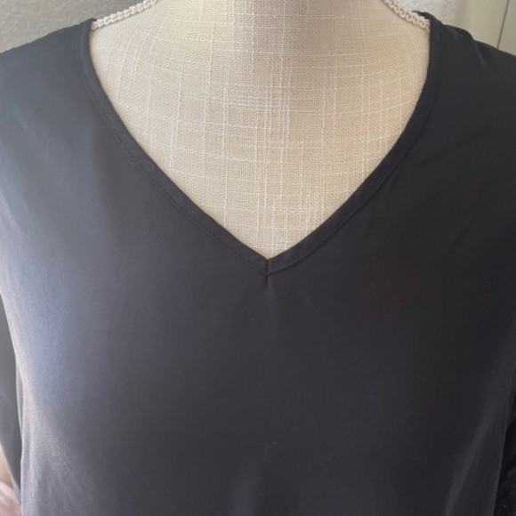 Monteau | Black V-Neck Blouse with Lace Sleeves Elegant Long Sleeve Top, Size S - Picture 3 of 8